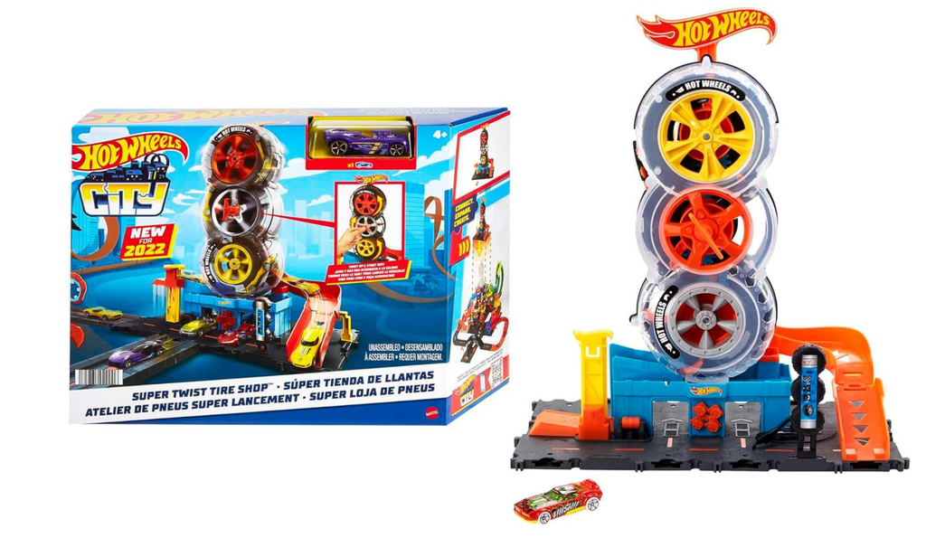 Hot Wheels City Super Twist Tire Shop - Juego de tienda de neumáticos con giro de llave para hacer viajar los autos a través de los neumáticos, incluye 1 auto, regalo para niños de 4 a 8 años