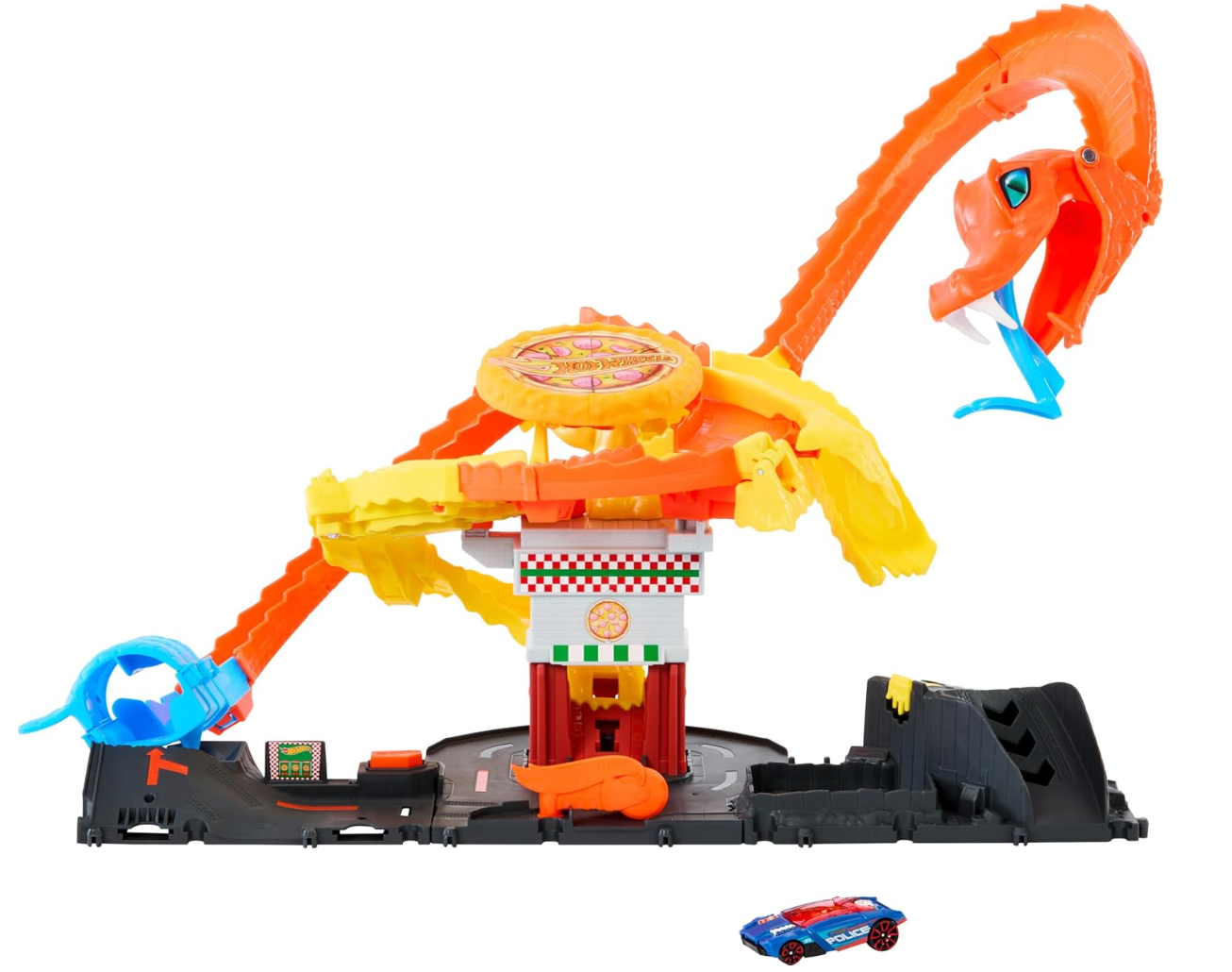 Hot Wheels - Juego de pista para autos modelo City Toy Car Track Set, Pizza Slam Cobra Attack Playset, Cola de serpiente en espiral con Randomizer, 1 vehículo a escala 1:64