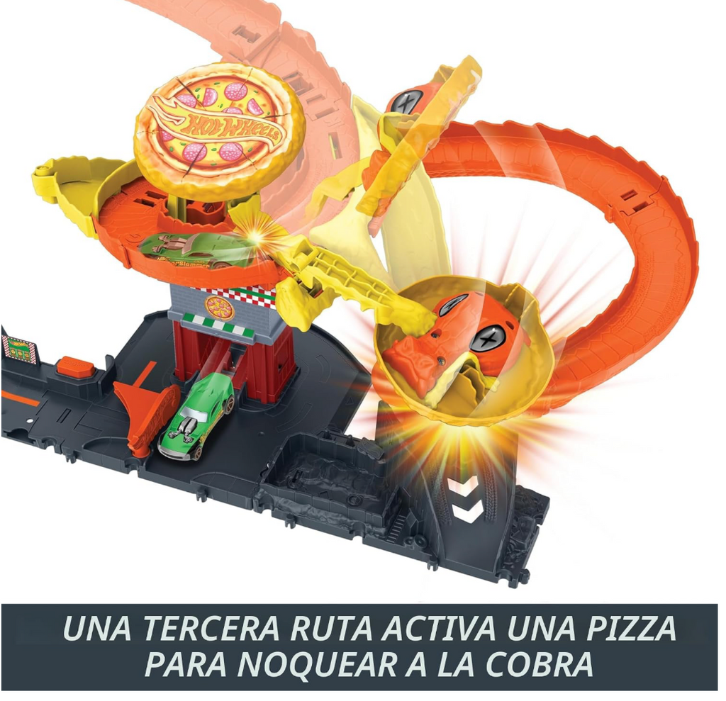 Hot Wheels - Juego de pista para autos modelo City Toy Car Track Set, Pizza Slam Cobra Attack Playset, Cola de serpiente en espiral con Randomizer, 1 vehículo a escala 1:64