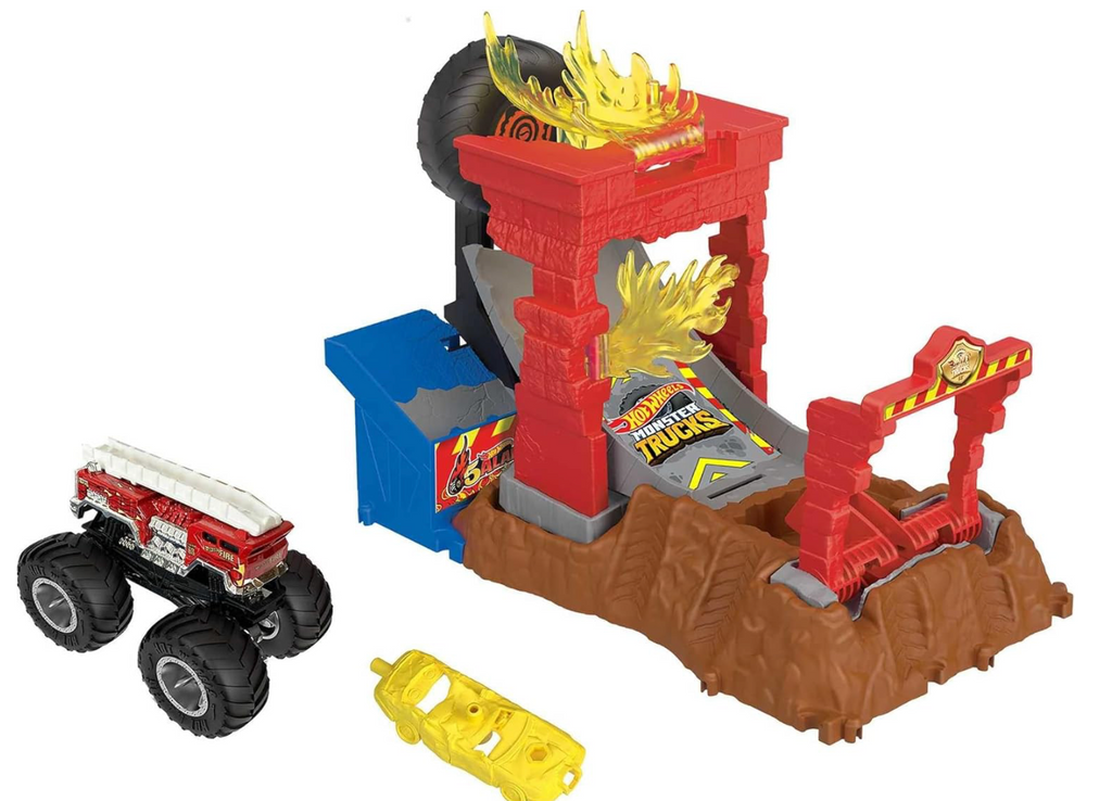 Hot Wheels Juego de Monster Trucks y camión de juguete, Arena Smashers Desafío de choque de incendios de 5 alarmas, camión de bomberos a escala 1:64 y auto aplastable