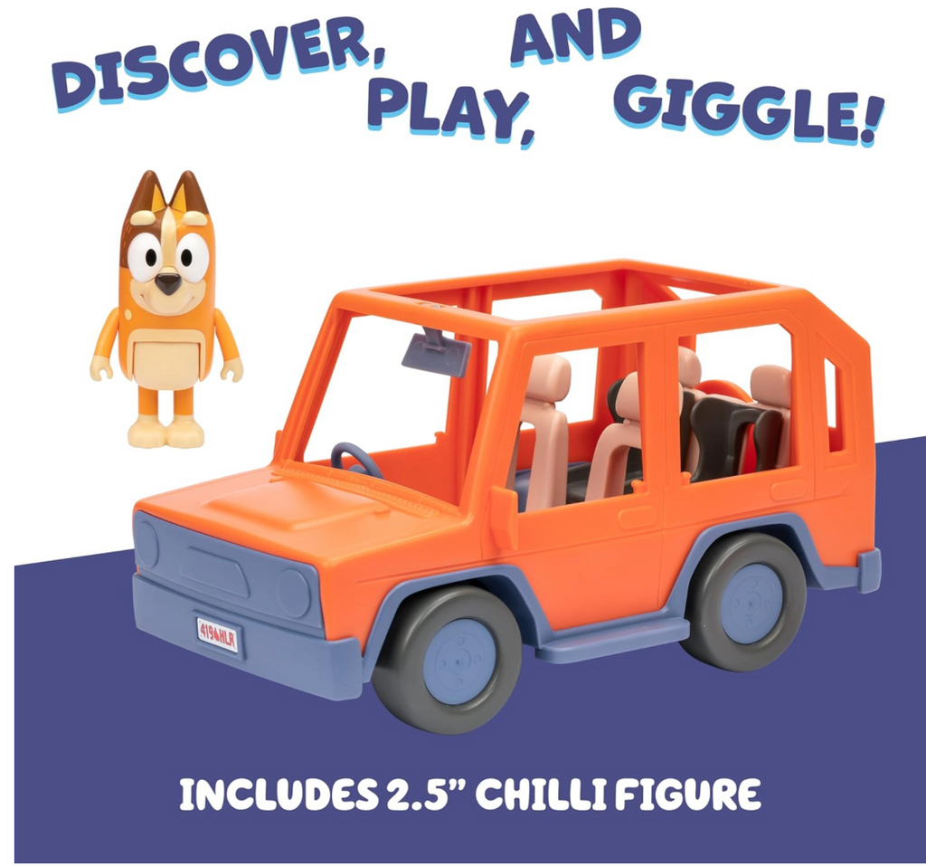 Bluey Heeler Family Road Trip Coche de Juguete Grande, Articulado, Juguete de Coche Interactivo Personalizable para Niños Pequeños con Figura de Chilli de 2.5"