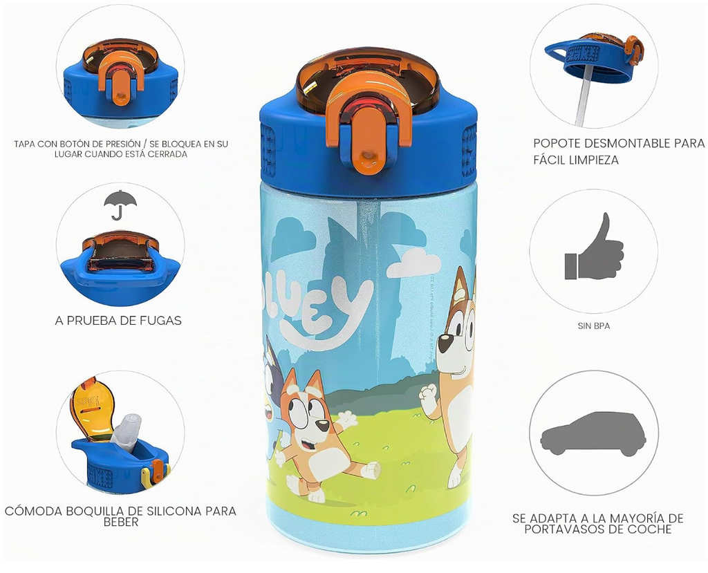 Zak diseño Bluey - Botella de agua para niños, tapa de boquilla de plástico duradero y asa de transporte integrada, diseño de agua a prueba de fugas para viajes
