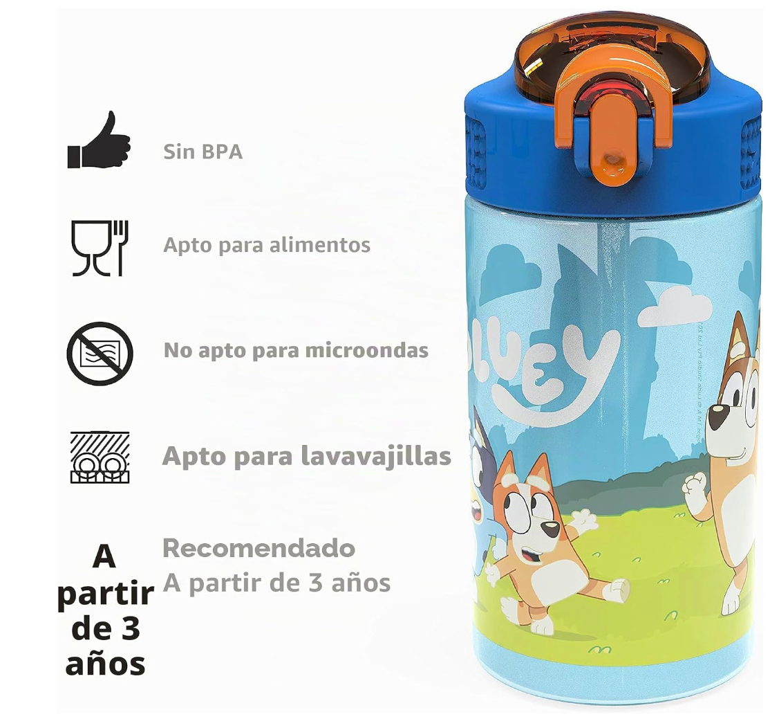 Zak diseño Bluey - Botella de agua para niños, tapa de boquilla de plástico duradero y asa de transporte integrada, diseño de agua a prueba de fugas para viajes