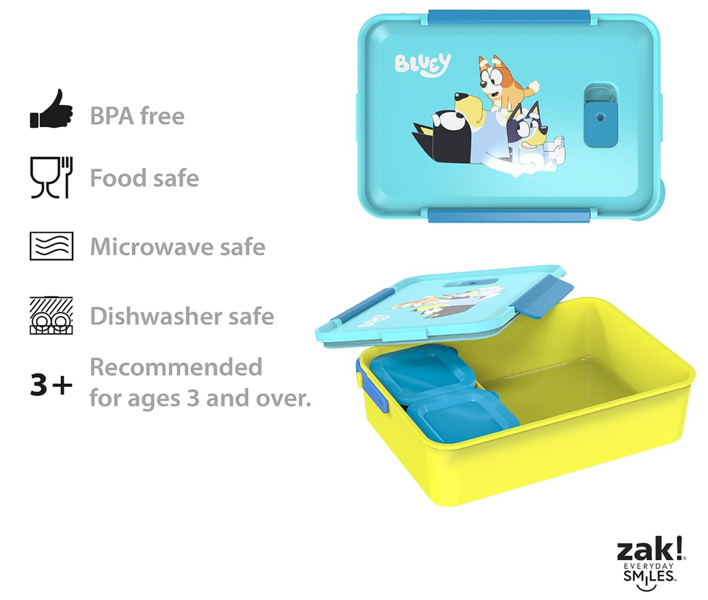 Zak diseño Bluey - Caja Bento de plástico reutilizable con sello a prueba de fugas, asa de transporte, ventilación de vapor para microondas y recipientes individuales para el almuerzo de los niños