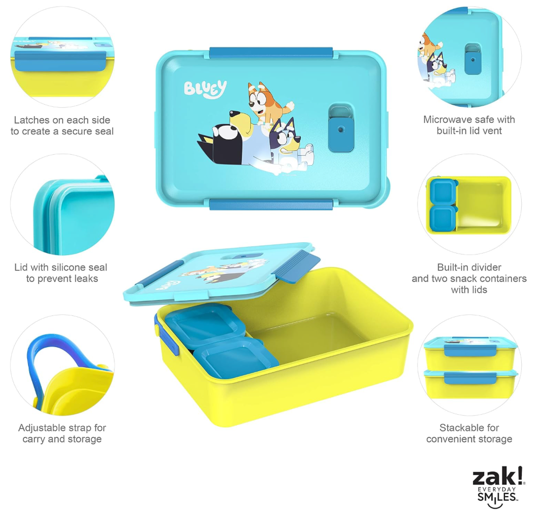 Zak diseño Bluey - Caja Bento de plástico reutilizable con sello a prueba de fugas, asa de transporte, ventilación de vapor para microondas y recipientes individuales para el almuerzo de los niños