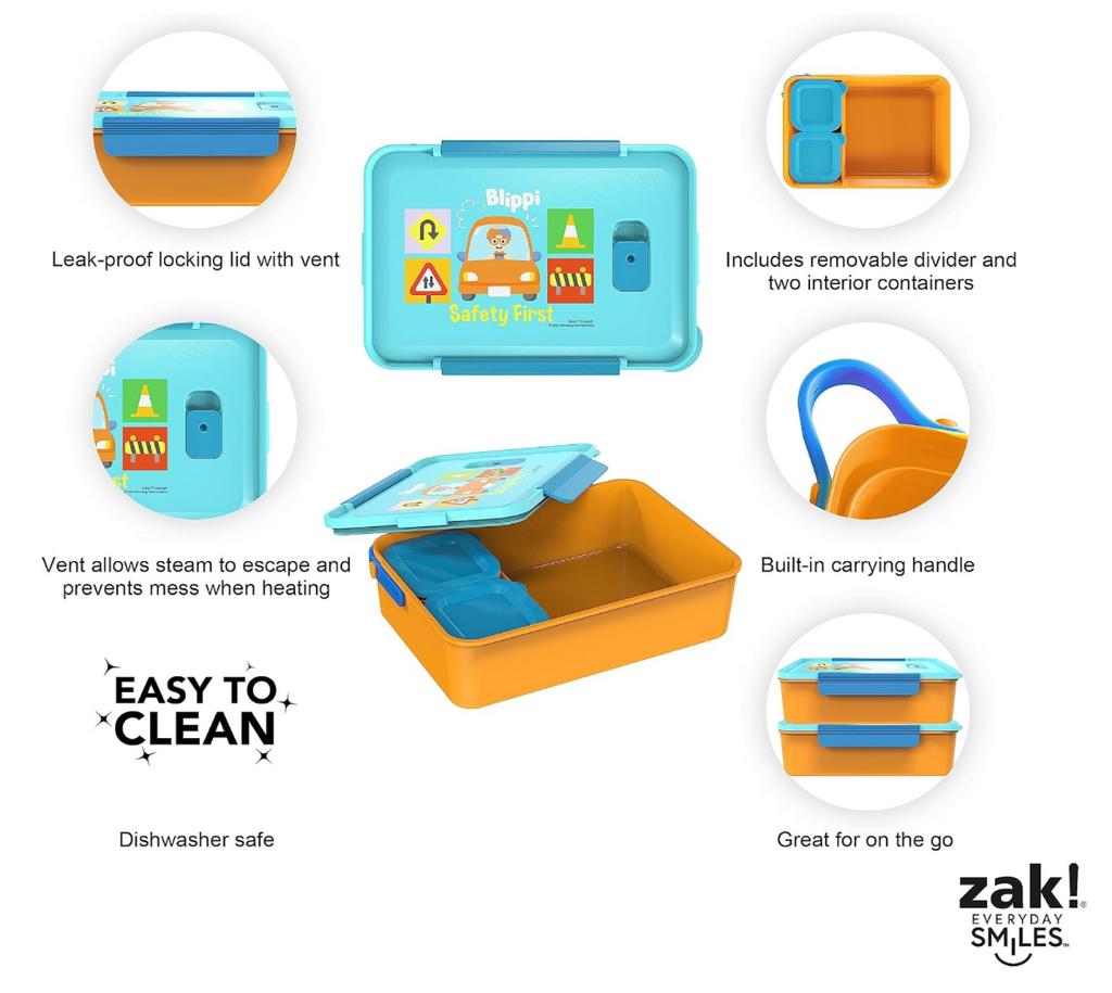 Zak diseño  Blippi - Caja Bento de plástico reutilizable con sello a prueba de fugas, asa de transporte, ventilación de vapor para microondas y recipientes individuales para el almuerzo de los niños