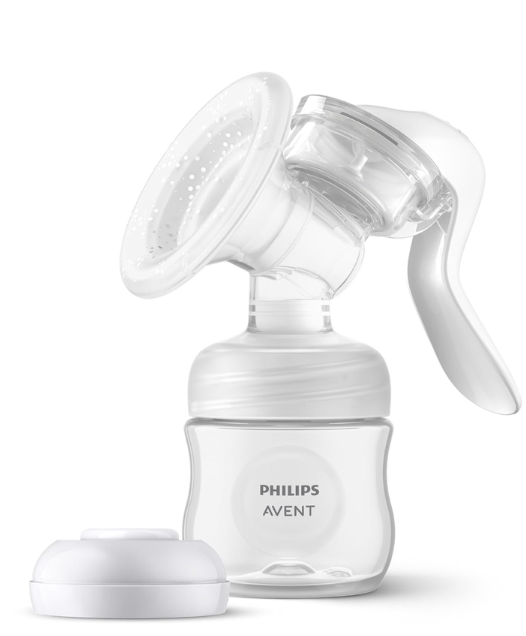 Philips Avent,Extractor de leche manual, bombeo fácil con tecnología de movimiento natural, almohadilla de silicona, biberón natural de 4oz, disco de sellado, anillo de rosca, transparente
