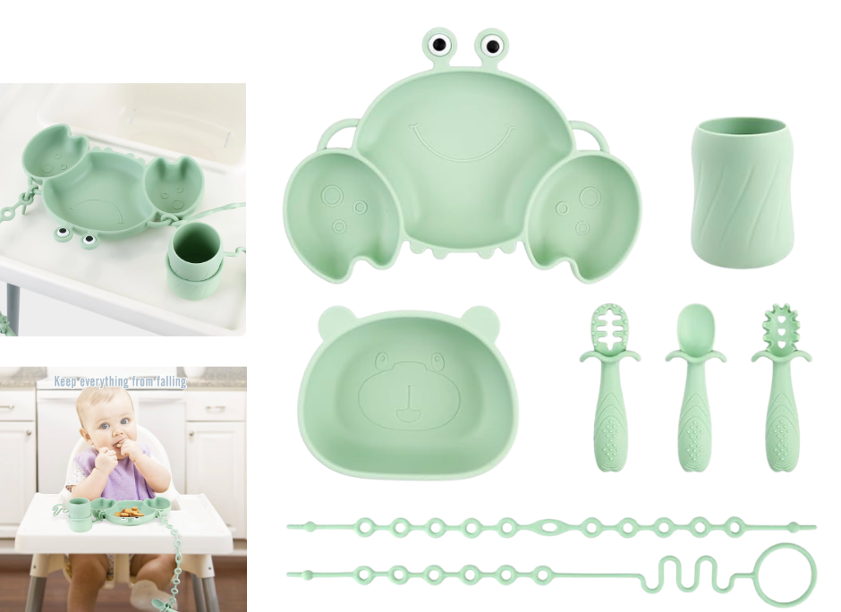 Set de alimentación para bebés de silicona, color verde