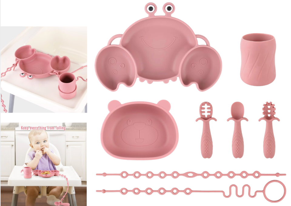 Set de alimentación para bebés de silicona, color rosado